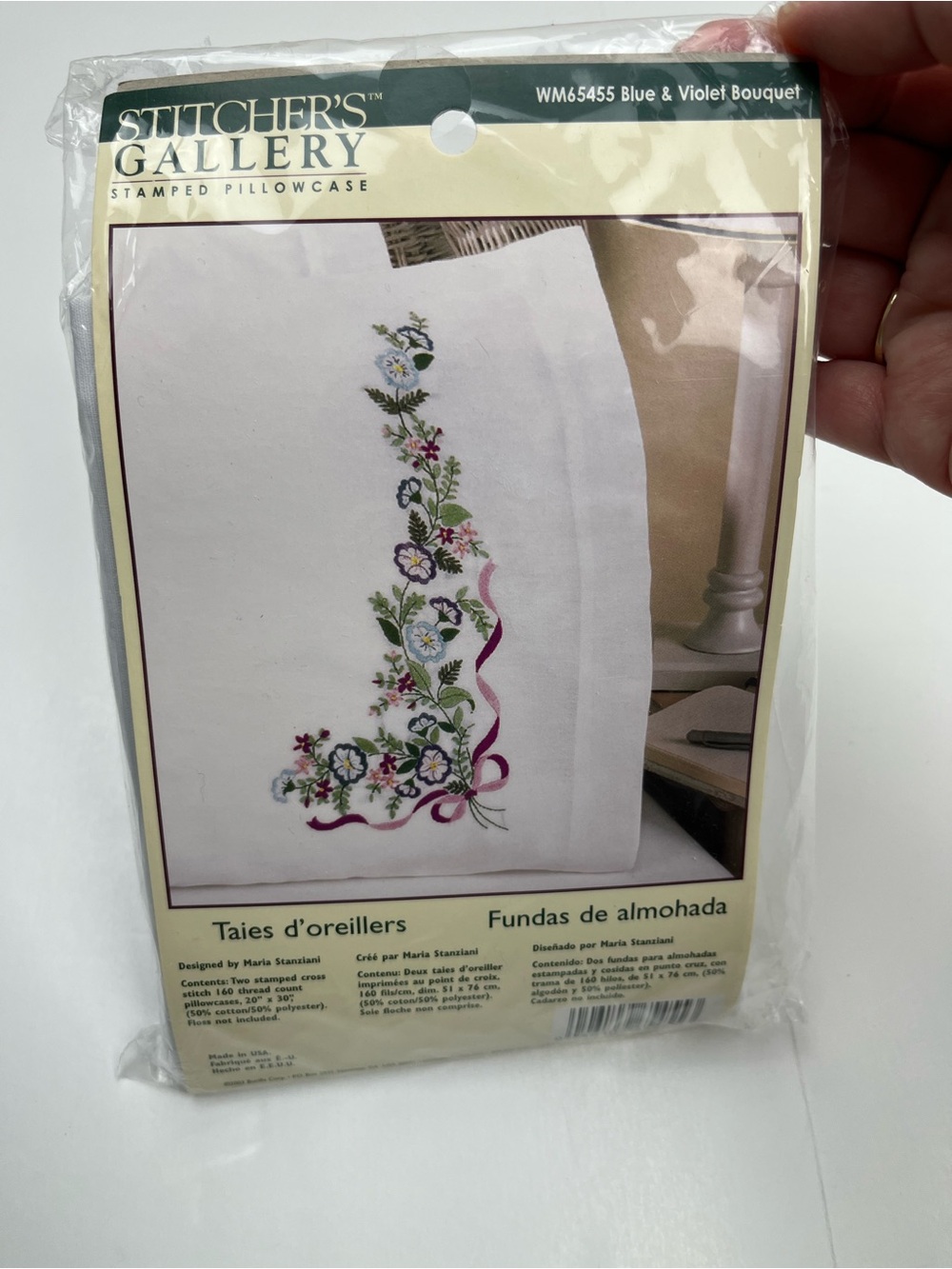 Stitchers Gallery Cross Stitch Kit Blue Violet Bouquet Stamped Pillowcases NEW